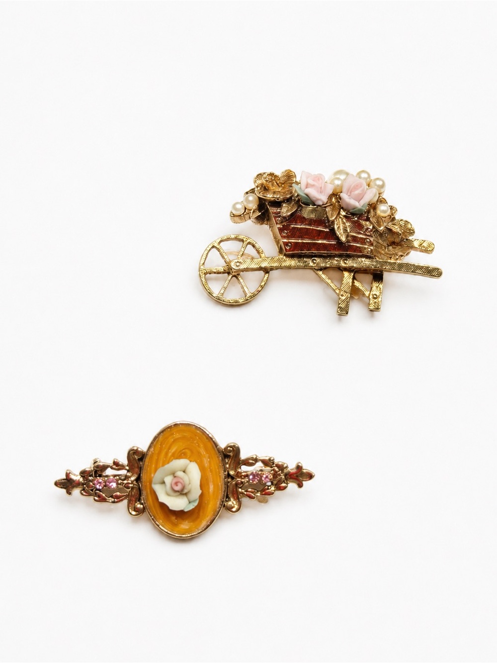 Vintage Floral Brooch Lot of 2 Gold Tone Porcelain Roses Pearls